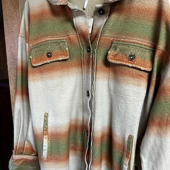 FREE People Ruby Print Shacket Ombre Stripe Marzipan NWT Sml Mocha Mousse - Picture 15 of 17